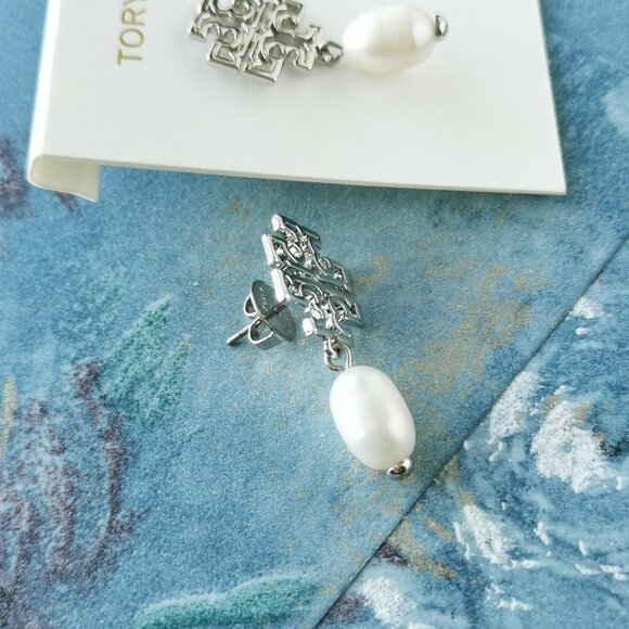 Tory Burch Britton Logo Silver White Pearl Drop Earrings - Picture 3 of 3